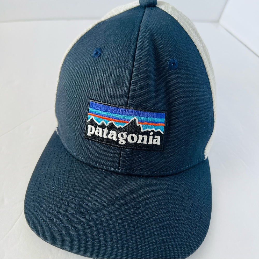 Patagonia JP Scarpulla Logo Trucker Snap Back Navy Blue and White Cap Hat OS